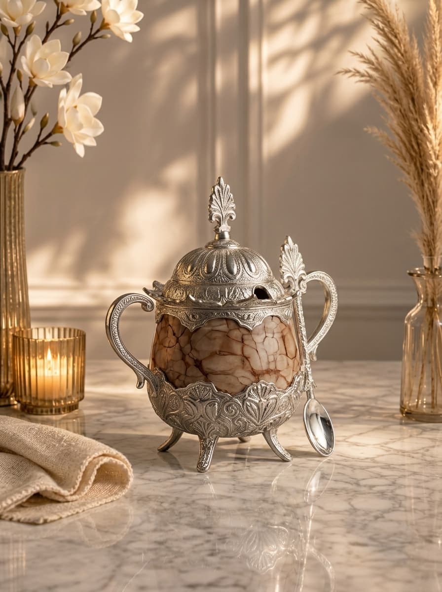 Elegant Turkish Candy & Sugar Bowl | Brown Marble Pattern | Silver Handles, Lid & Spoon | Made in Türkiye