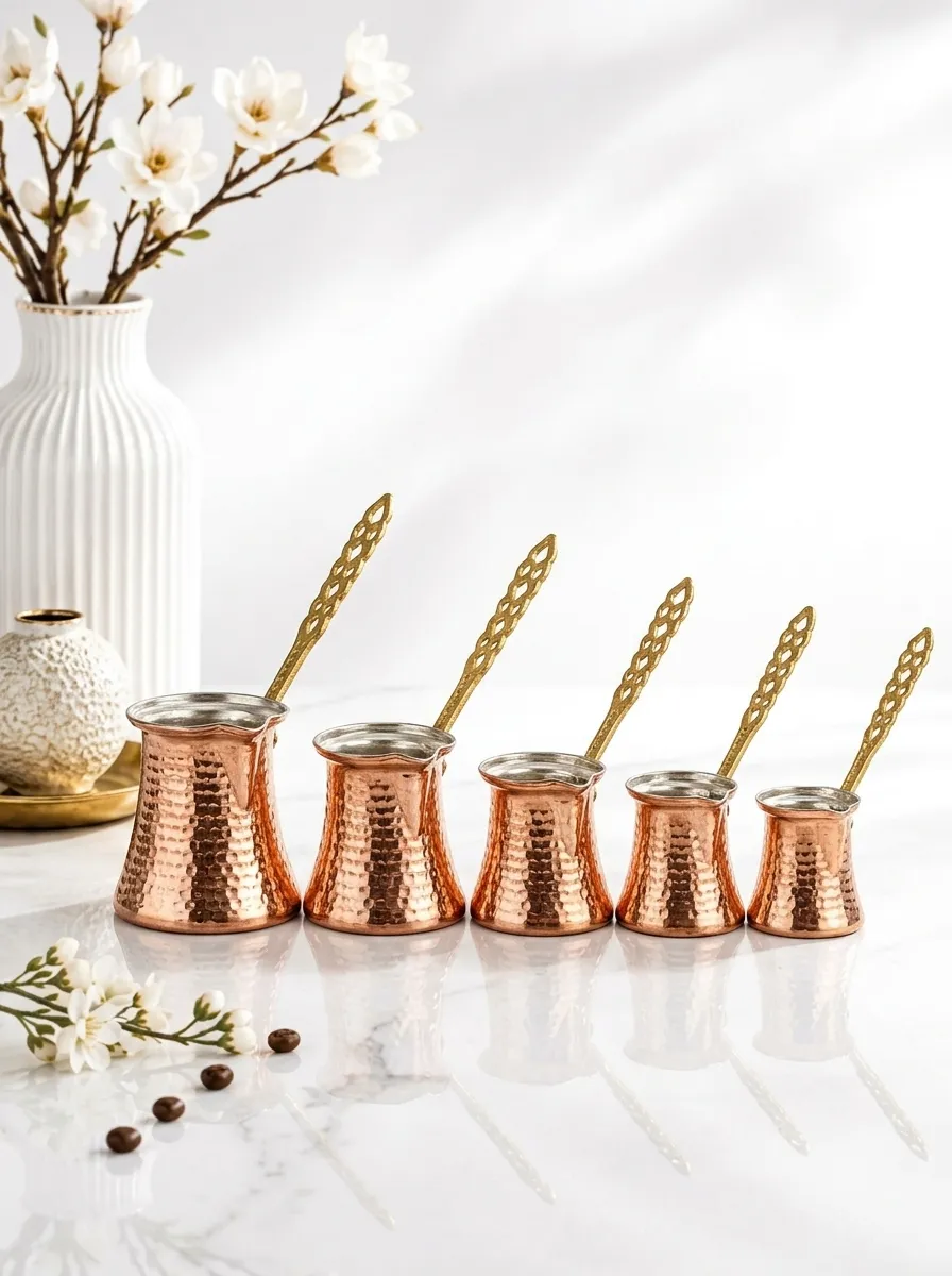 5-Piece Turkish Coffee Pot Set | 3 Medium & 2 Small Copper Cezve Pots | Ottoman Style | Made in Turkey