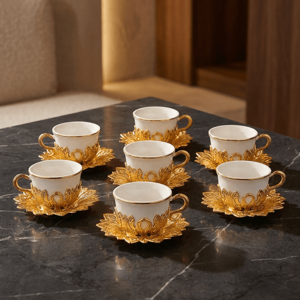 Turkish Coffee Cup Set for 6 | White Cups, Gold Holders & Saucers | Ottoman Style | Made in Turkey