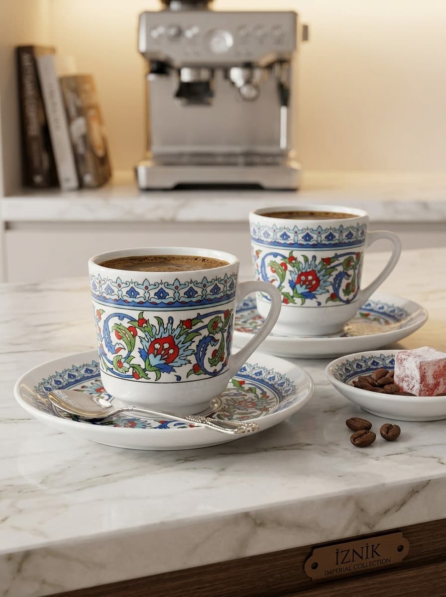 Turkish Porcelain Coffee Cup Set for 2 – Ottoman Floral Design