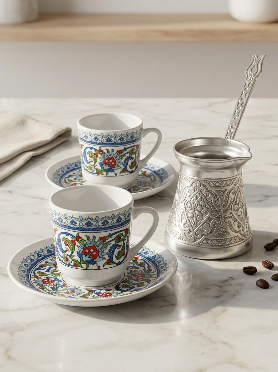 Ottoman Coffee Set for 2 with Porcelain Cups and Decorative Pot